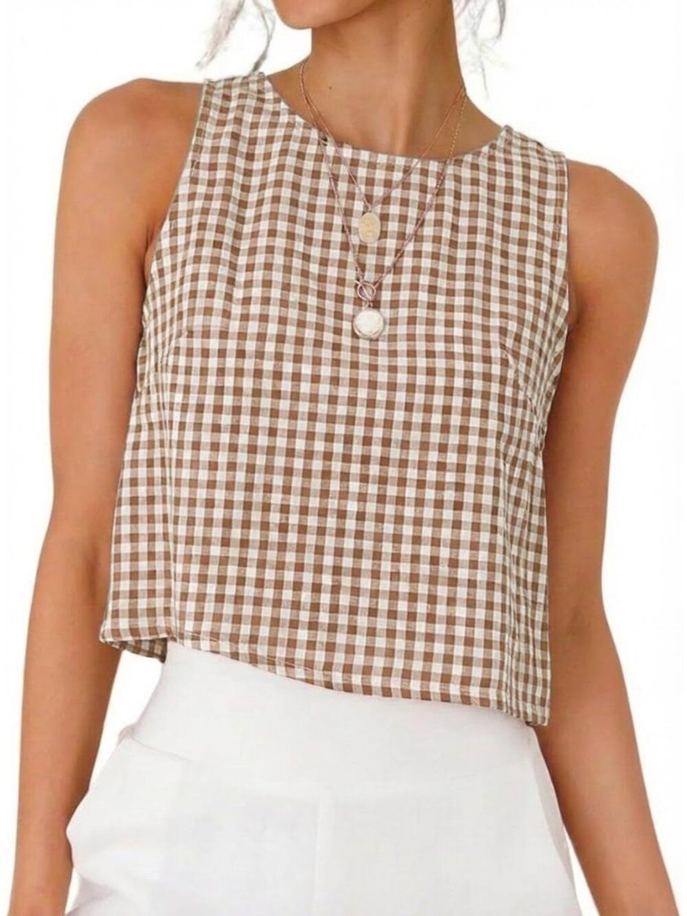 Women's Khaki 100% Cotton Crew Neck Spring Summer Sleeveless Gingham Tank Tops